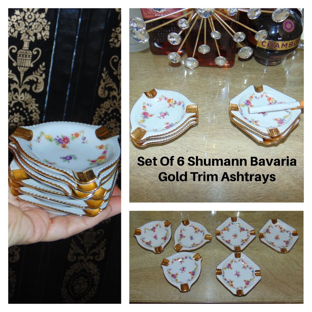 Set of 6 VTG Schumann Bavaria Germany Empress Dresden Flowers Ashtrays. 3.5"